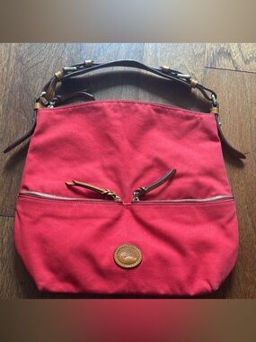 Dooney & Bourke Red Canvas Shoulder Bag with Leather Trim